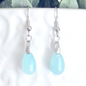 New Pale Pastel Blue Glass Teardrop Dangling Earrings Handmade Water Droplet